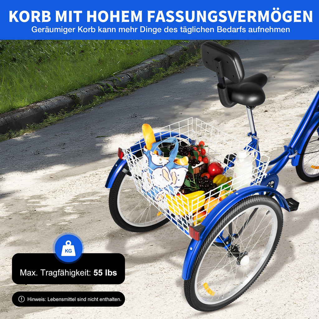24in Blue Folding Adjustment Height Tricycle for 5.25-5.9ft Adults