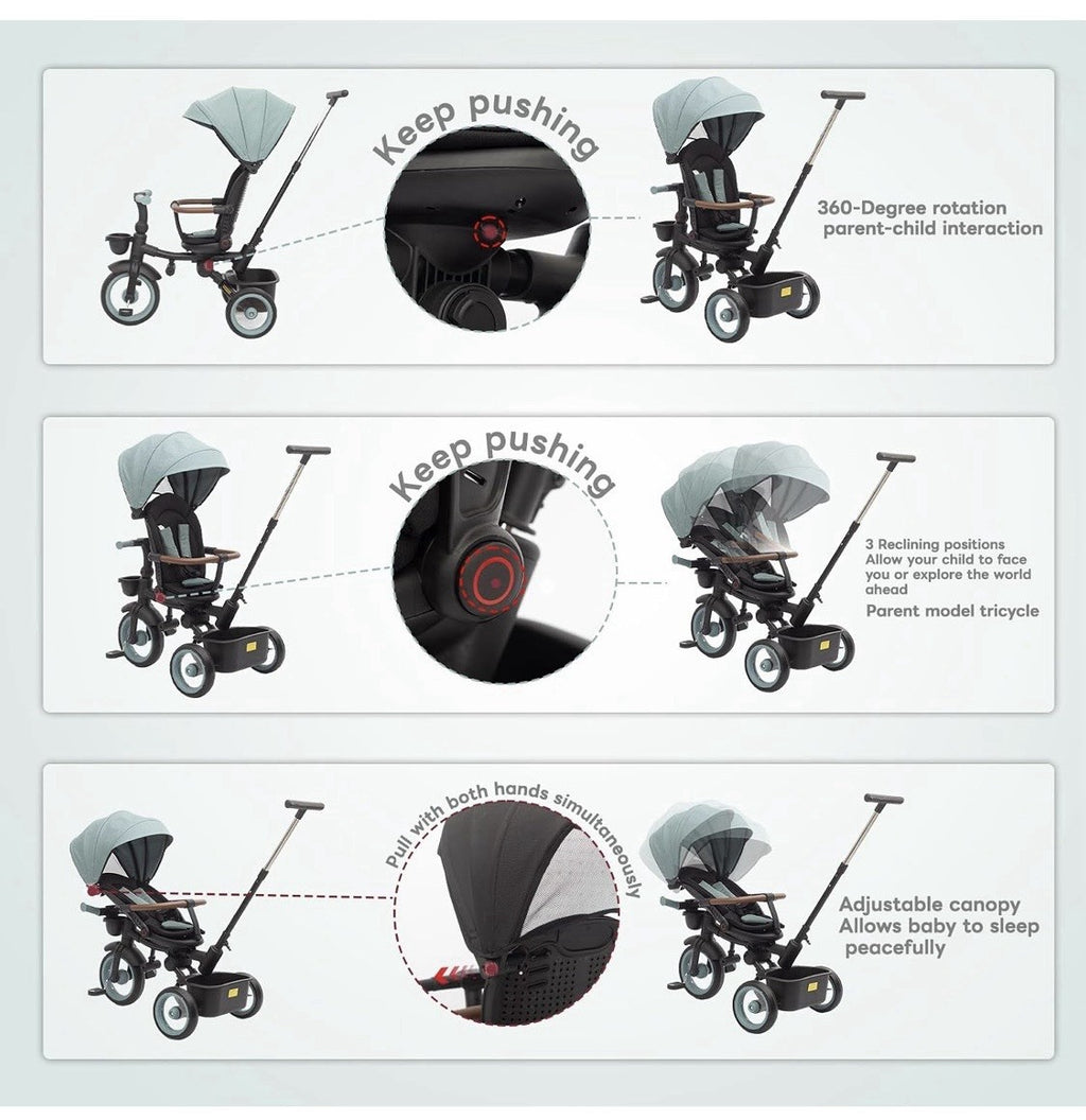 7-in-1 Folding Tricycle Trike with Parent Push Handle & Canopy