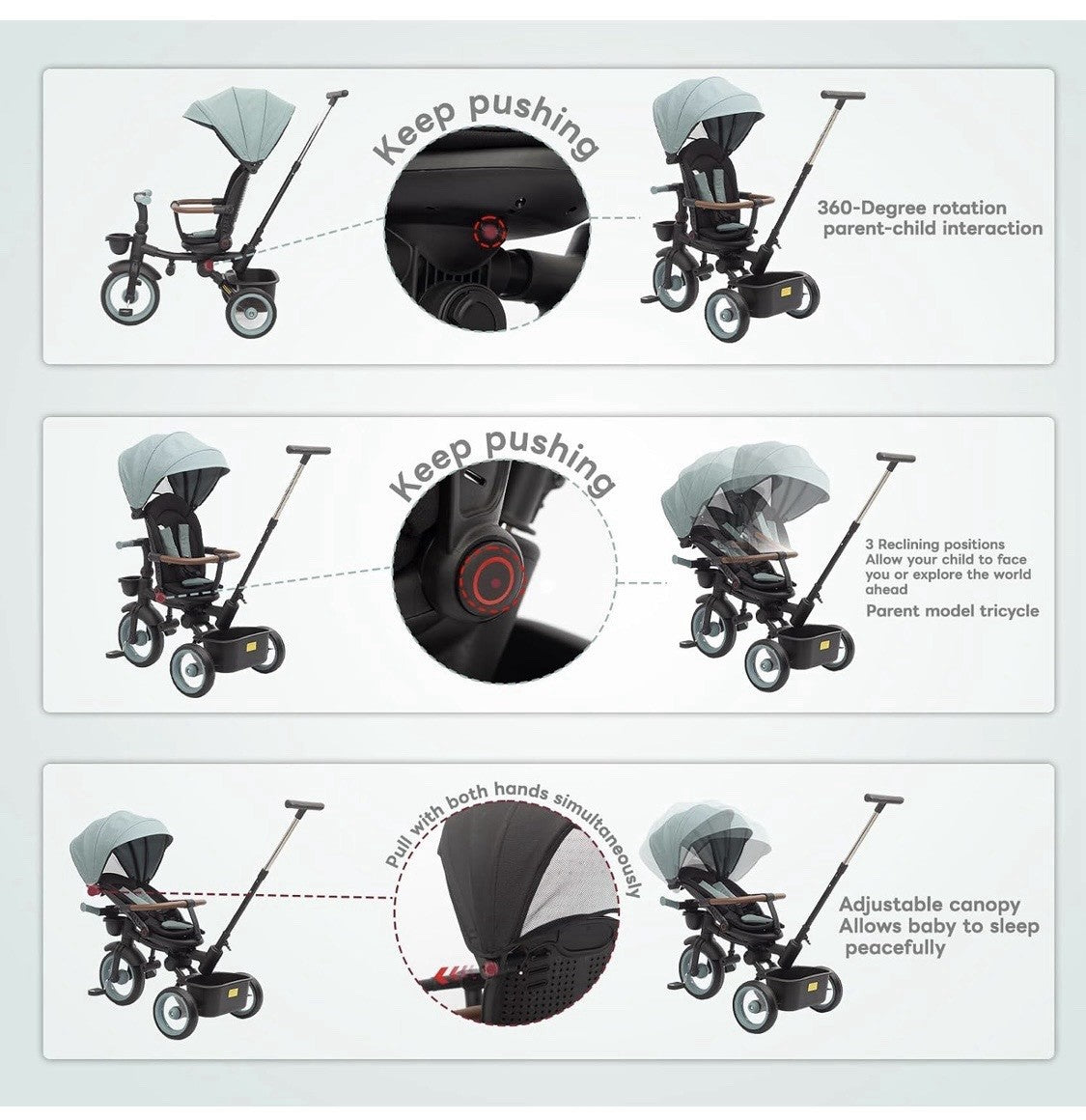 7-in-1 Folding Tricycle Trike with Parent Push Handle & Canopy