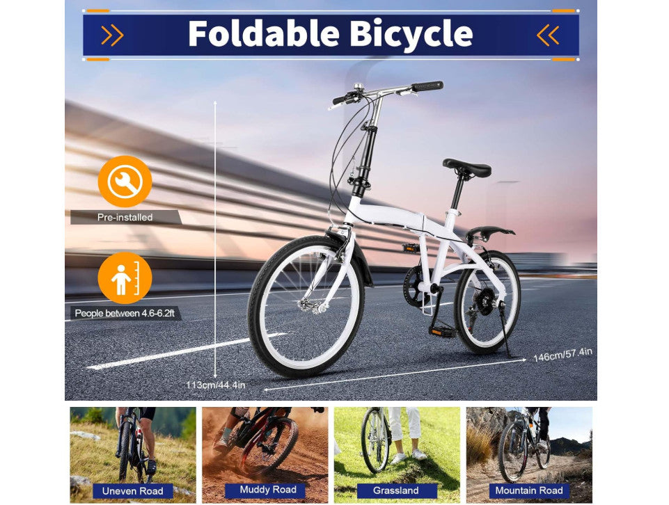 20" Folding Bike Lightweight 6-Speed Adjustable Seat Compact City Ride