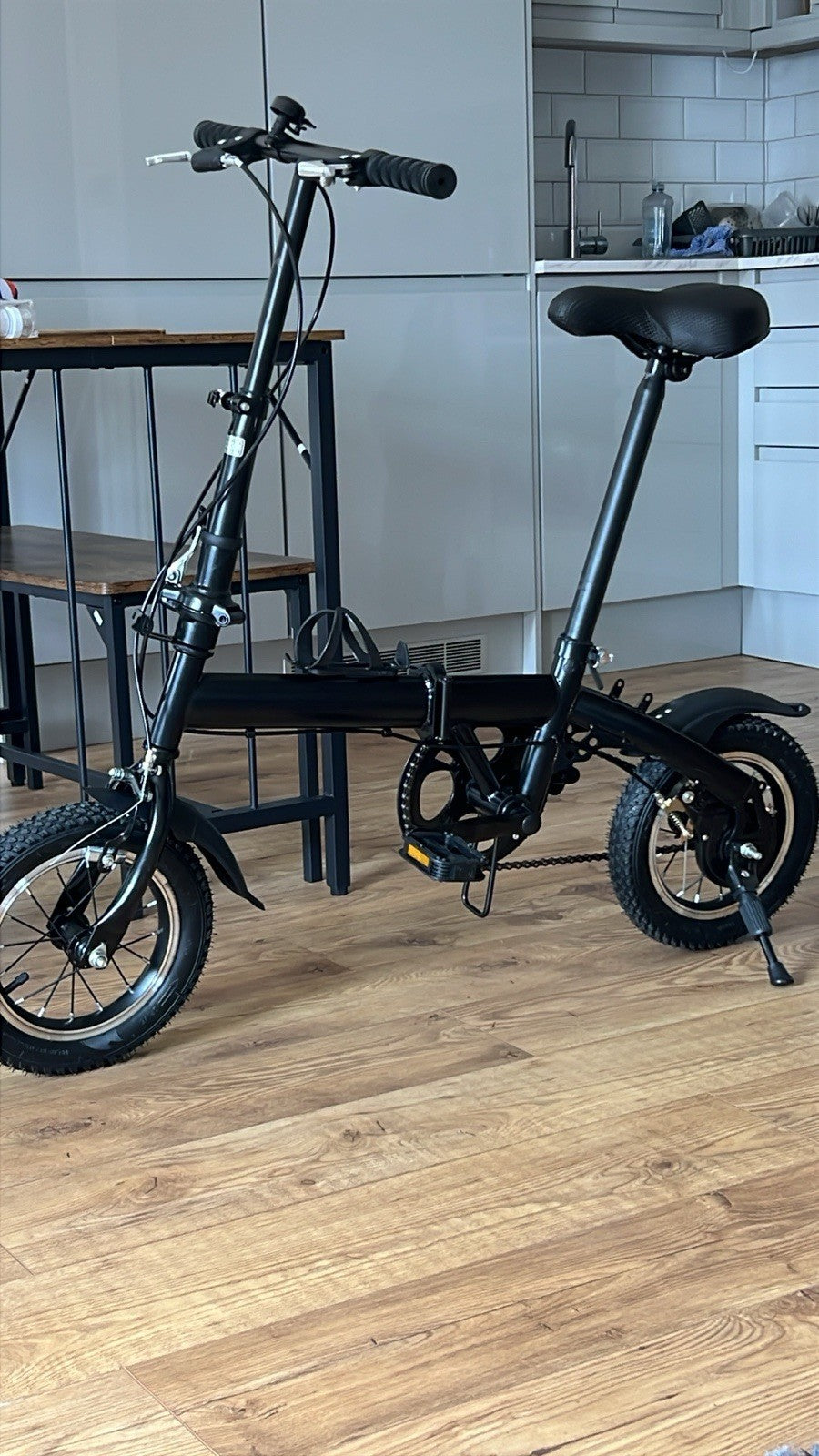 Folding Bike Black 12in Wheels Steel Frame Disc Brakes Mudguards Kickstand