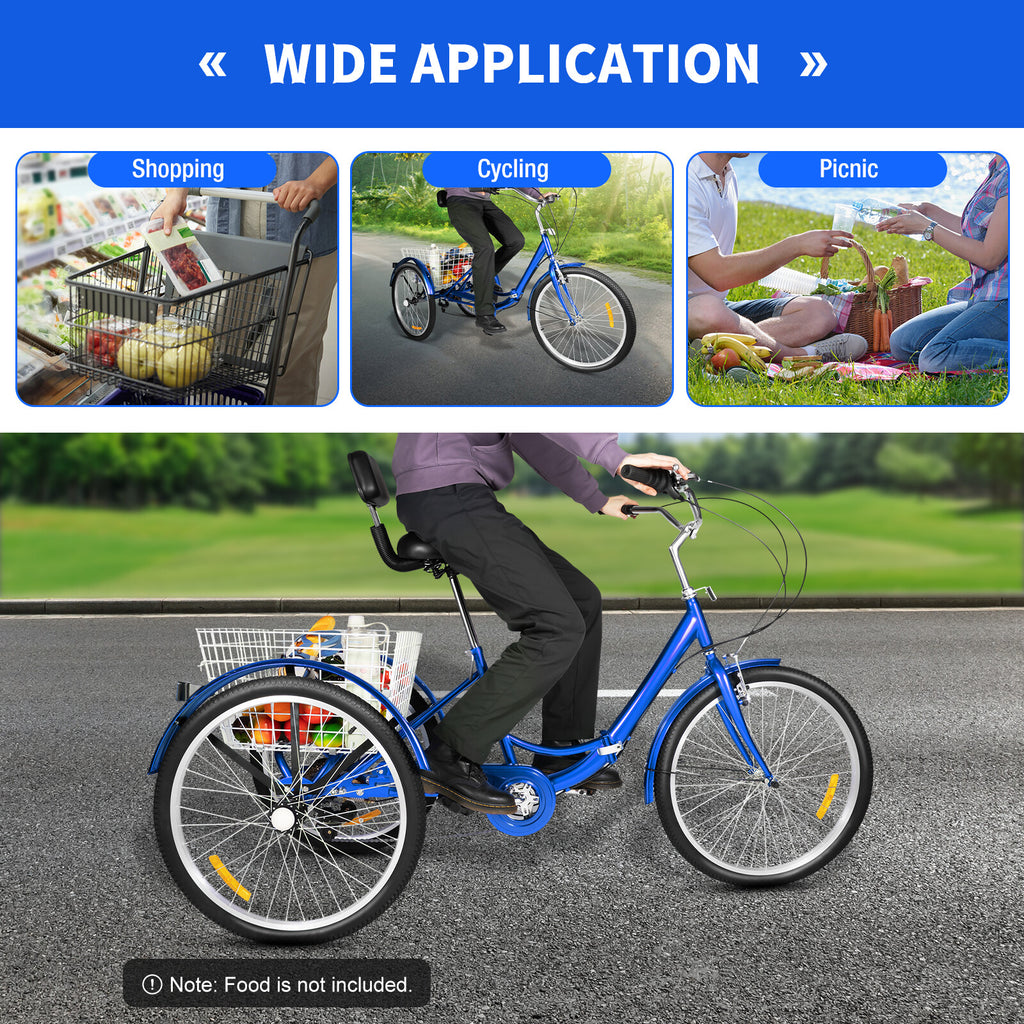 24 Inch Adult Trike Tricycle Foldable 3 Wheel Bike 7-Speed With Storage Basket