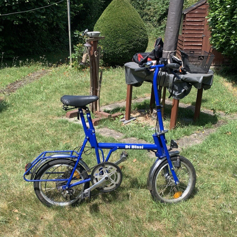 Di Blasi 16in Blue Folding Bike 4-Speed, Front Basket, Rack/Panniers, Bag