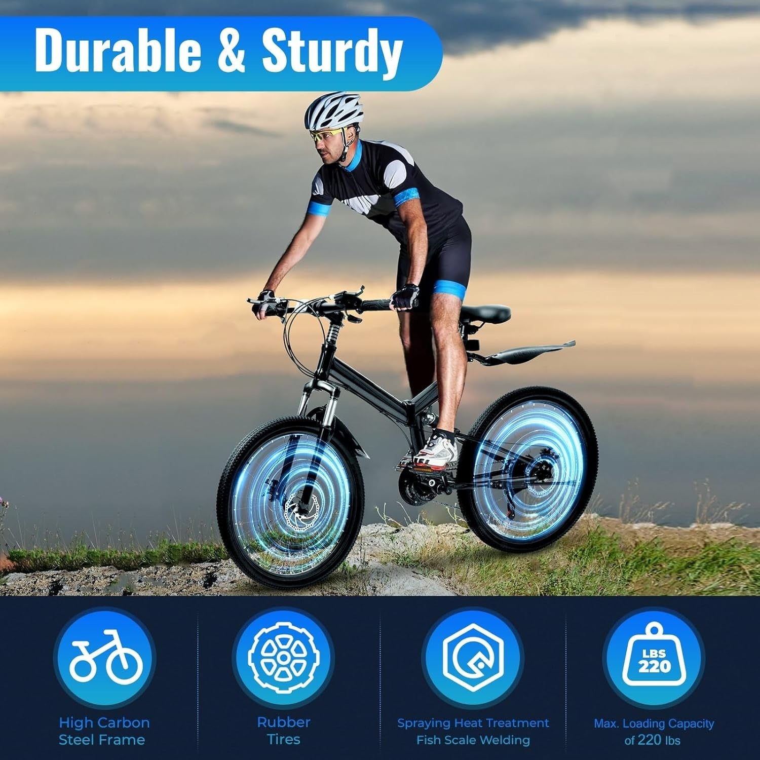 26" Folding Mountain Bike 21 Speed Dual Disc Brake Adjustable Adult Bicycle Blac