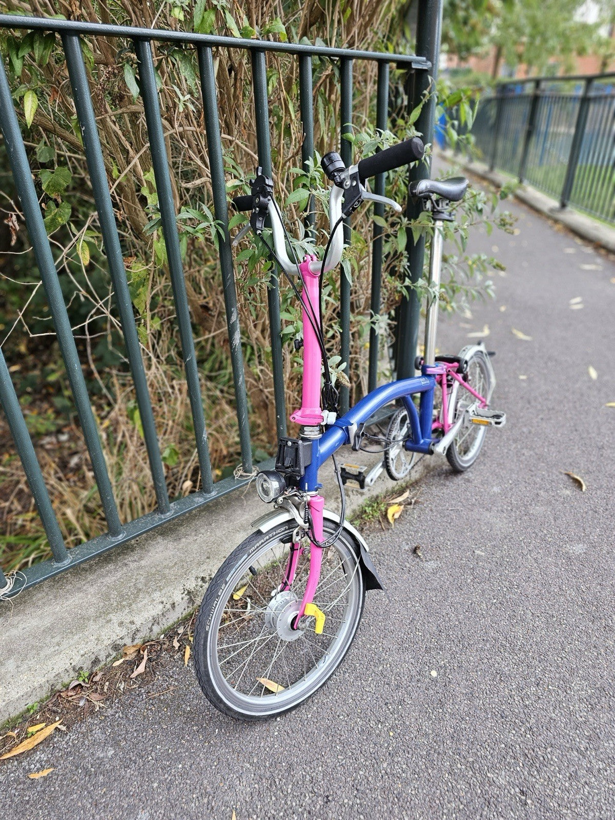 Brompton  c line 2012 Folding Bike 16 in M Frame Blue/Pink Mudguards lights