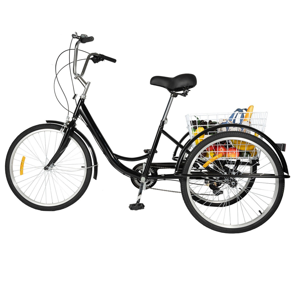 24 Inch Adult Tricycle Bike 8 Speed Trike 3-Wheel Bicycle w/Folding Back &Basket