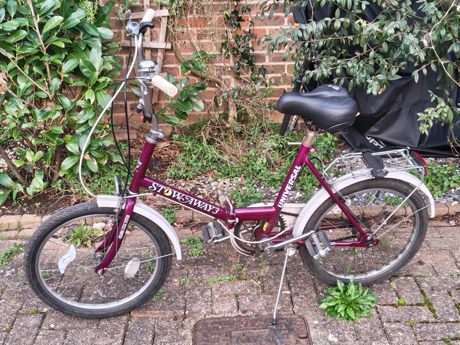 Raleigh Stowaway 3 1980s folding bike, in Purple, 3-Speed Sturmey Archer gears