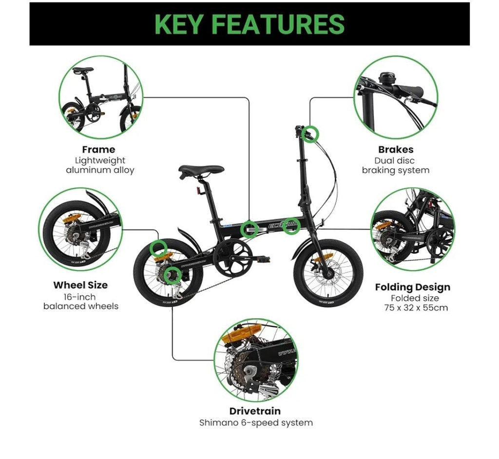 Ecosmo 16in Folding Bike Black 6-Speed Derailleur Mechanical Disc Alloy