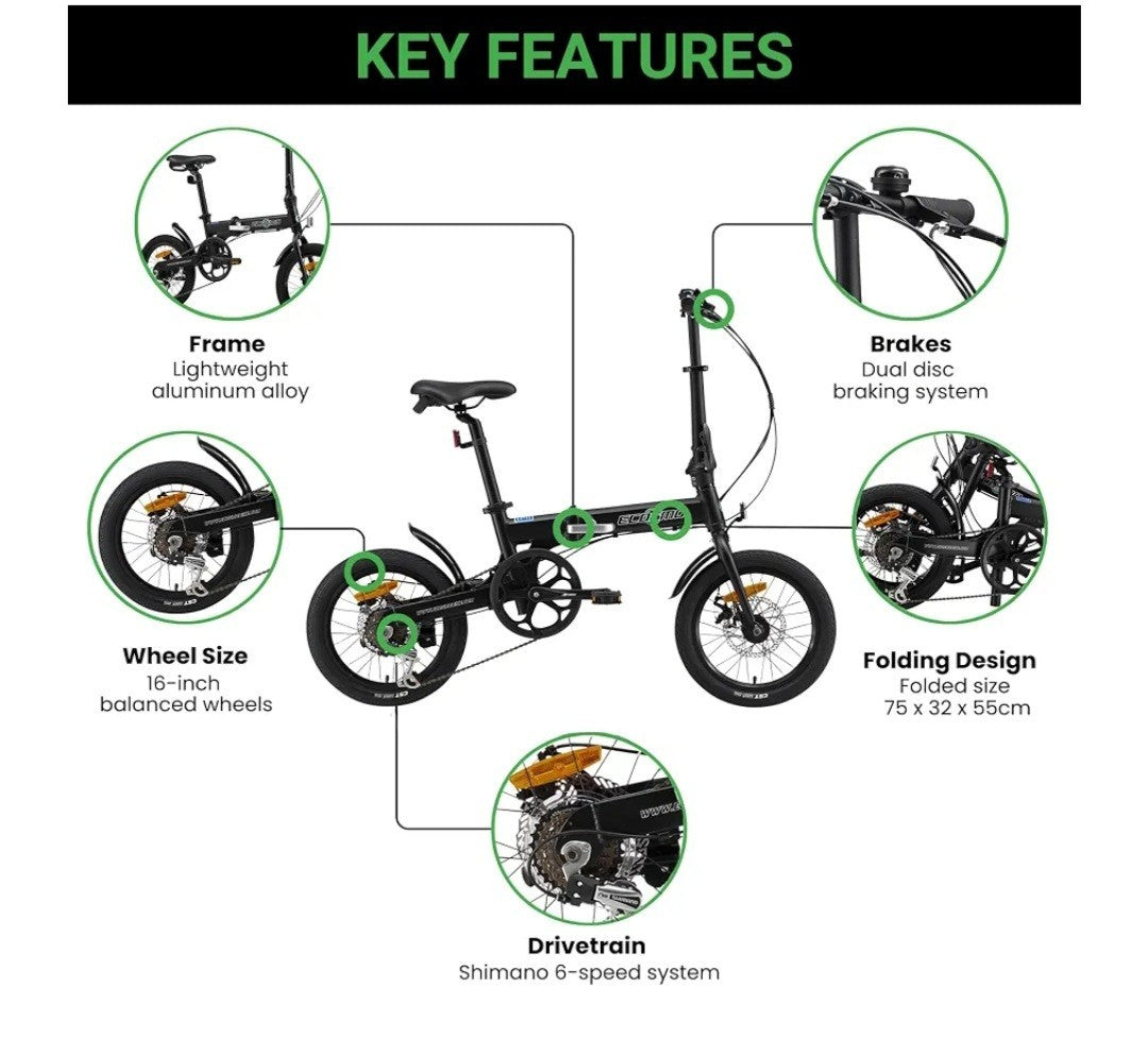 Ecosmo 16in Folding Bike Black 6-Speed Derailleur Mechanical Disc Alloy