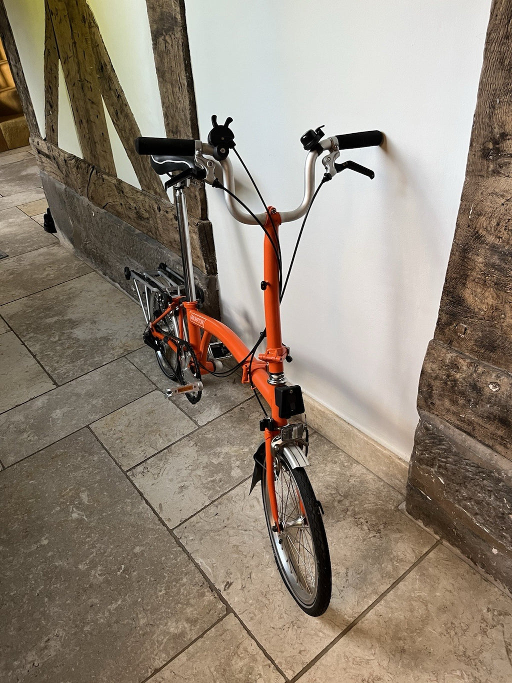 Brompton Orange Folding Bike 16in Wheels Rear Rack Mudguards Bell for collection
