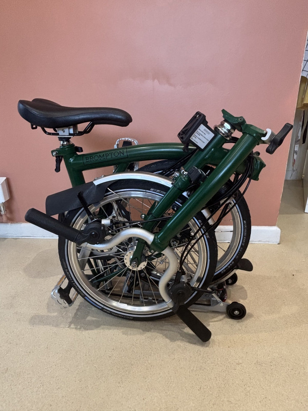 Brompton m6r folding bike, Green with Dynohub lighting, rack & mudguards