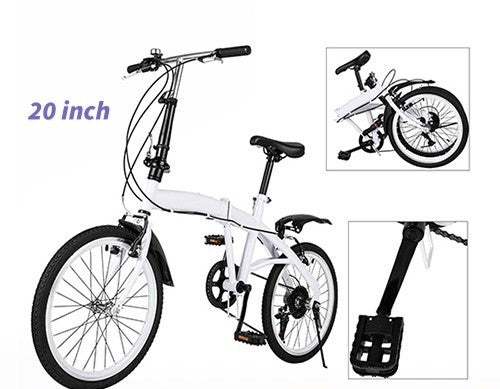 20 inch Unisex Folding Bike Adult Kids City Bike 6 Speeds Bicycle White