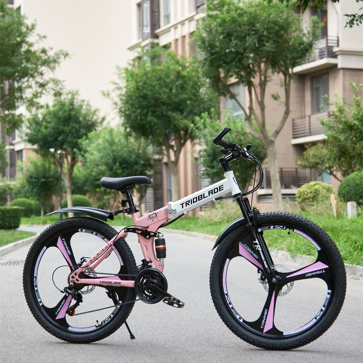24 26 inch Foldable Mountain Bike 21 Speed Transmission System Adult Bike Pink