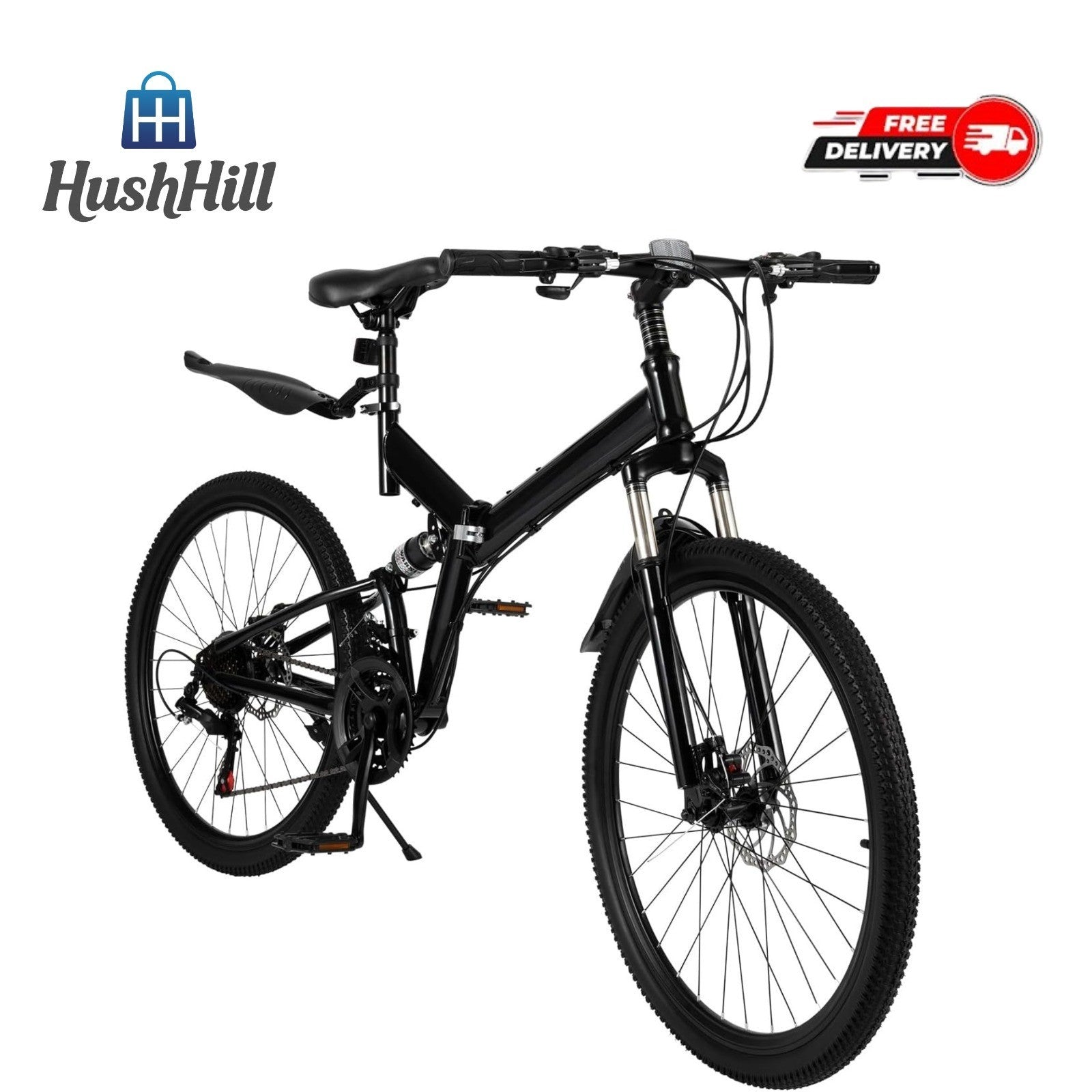 26" Folding Mountain Bike 21 Speed Dual Disc Brake Adjustable Adult Bicycle Blac