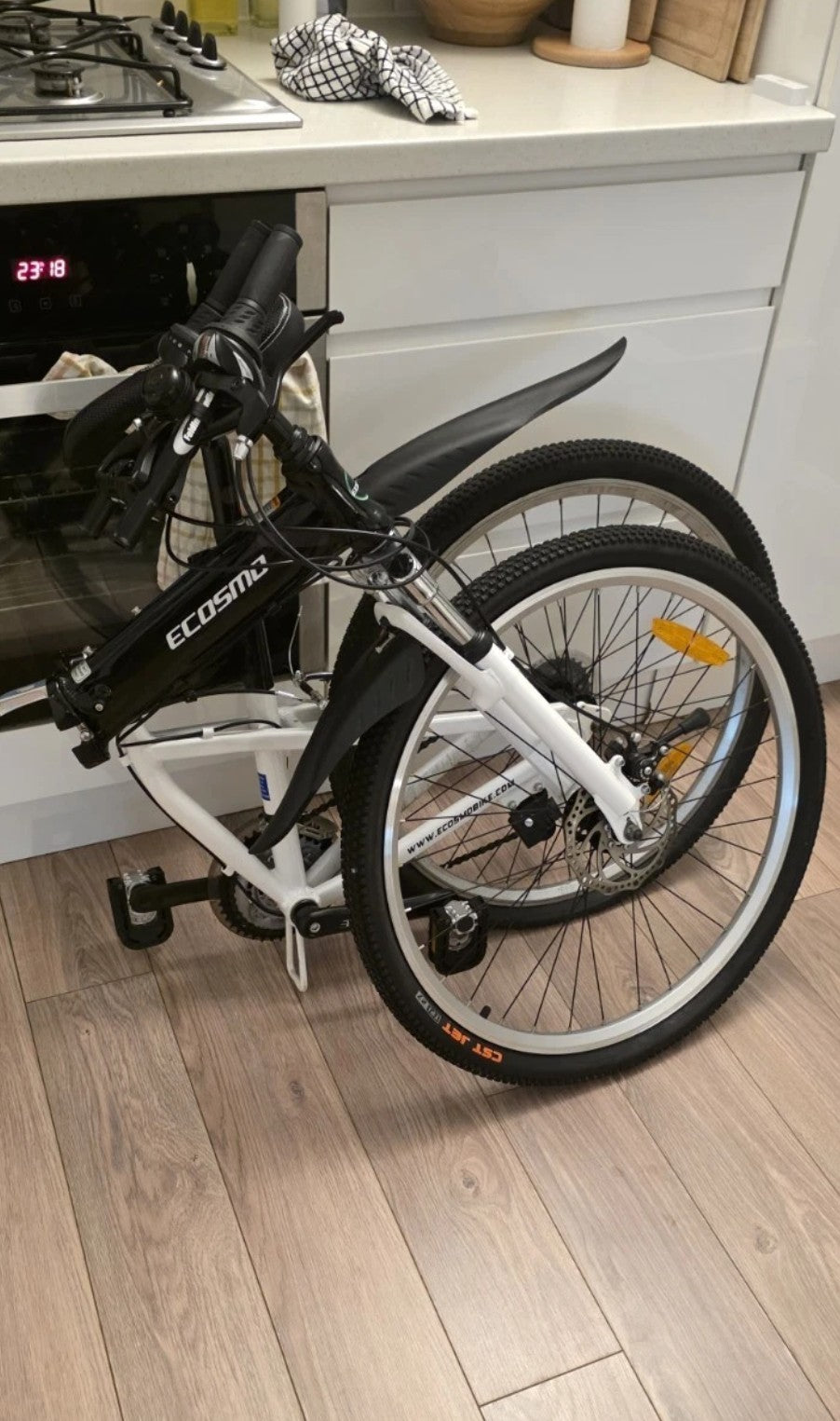 ECOSMO 26in Folding Bike Black/White  Gears Mech Disc, Adj Seat