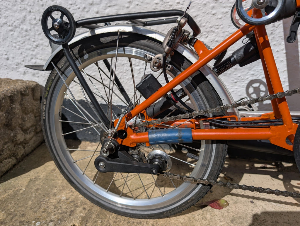 Brompton S3L folding bike 3 speed orange + bag + extended seat post.