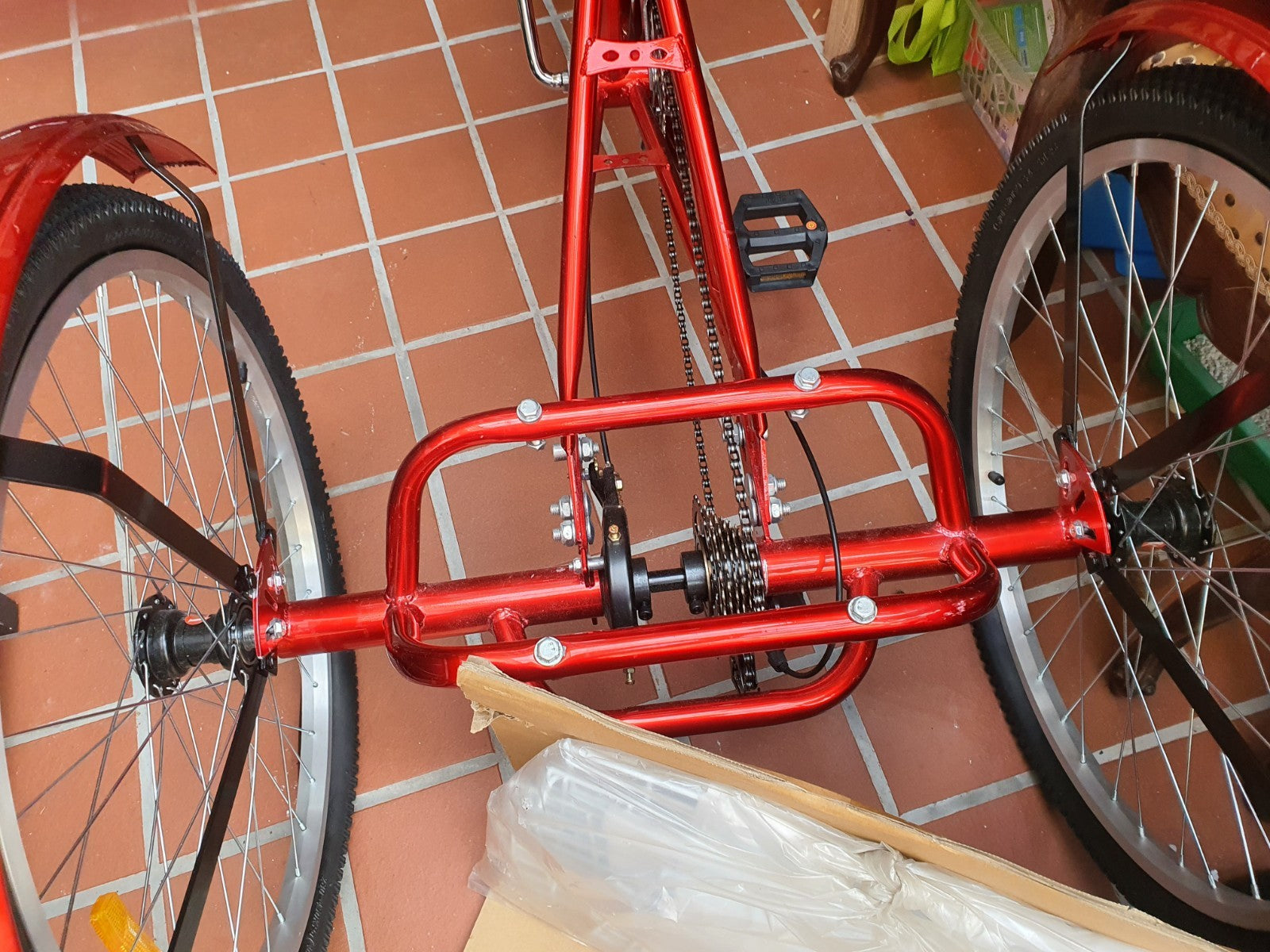 Brand NEW NEVER RIDDEN Adult RED Folding Tricycle. Basket & 7 Derailleur Gears.