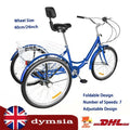 24 inch Adult Trike Tricycle 7 Speed 3 Wheels Bike Foldable with Basket Blue UK