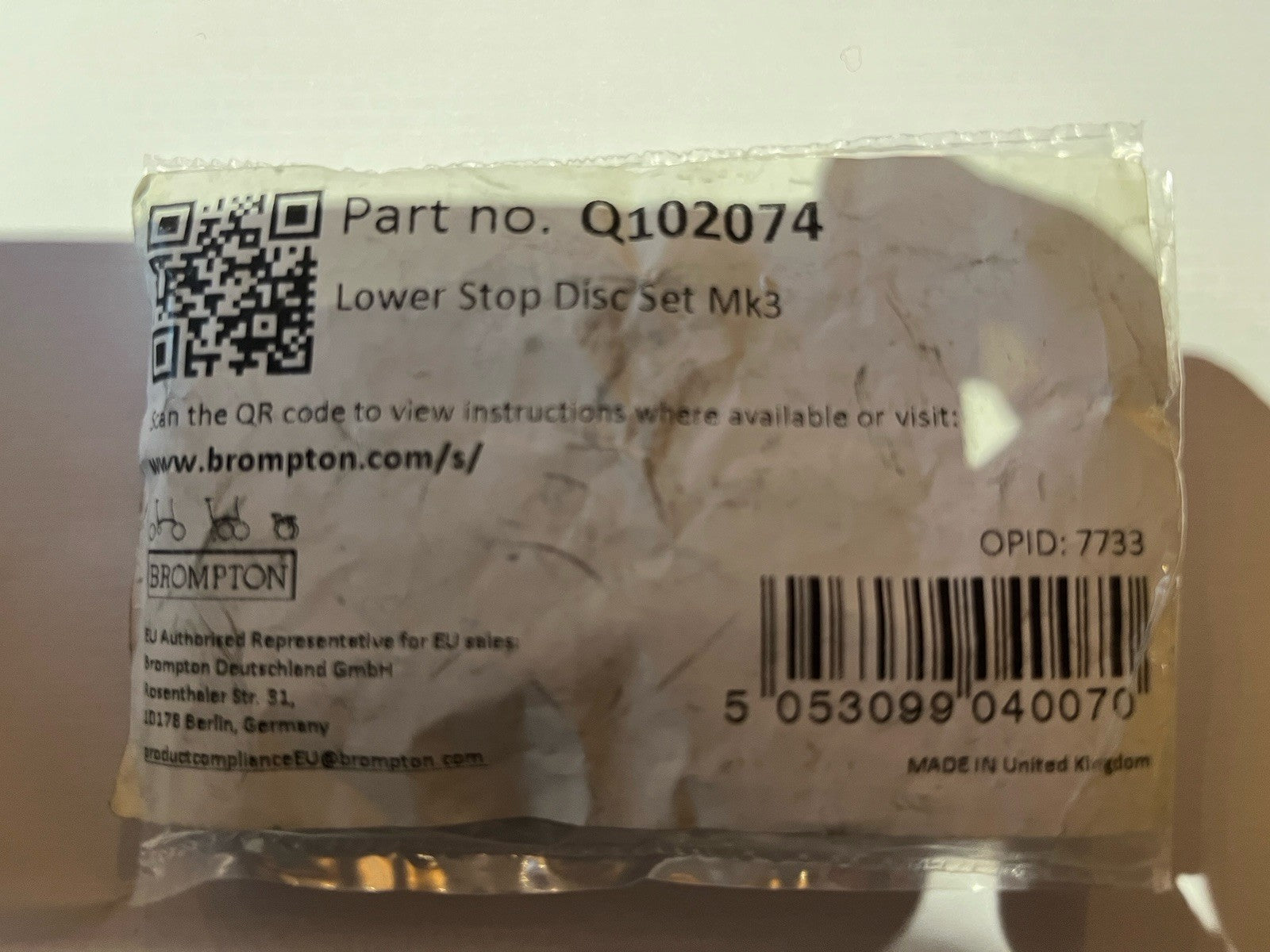 Brompton Lower Stop Disc Set Mk3  Part No. Q102074