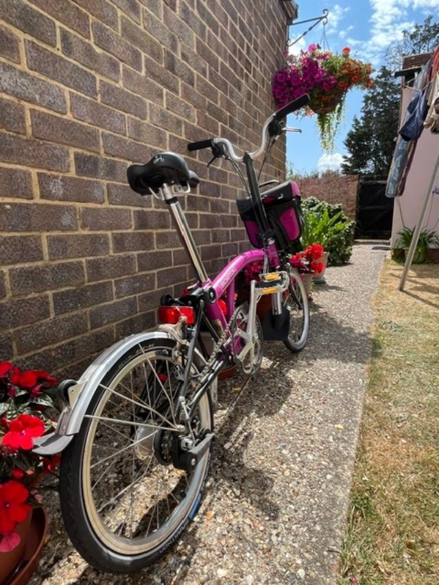 Hot Pink Vintage Brompton Folding Bike with Carry Bag on wheels Excellent