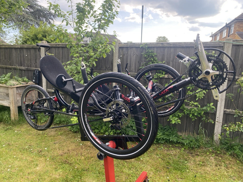 ICE Vortex Recumbent Trike Folding Disc Brakes Rear Suspension 20in Black Red