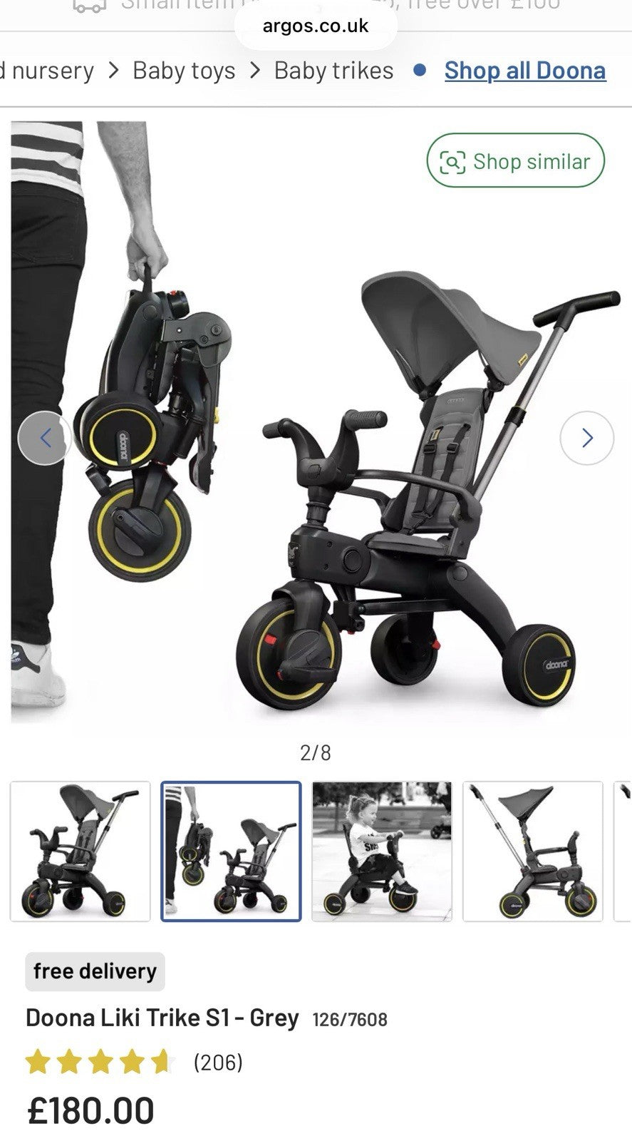 Doona Liki Trike S1 Grey Folding Trike with Push Handle & Canopy
