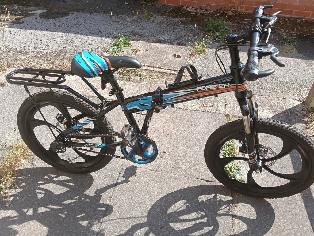 Forever 26in Unisex Kids Folding Bike Black/Blue Disc Brakes Mag Wheels Rack