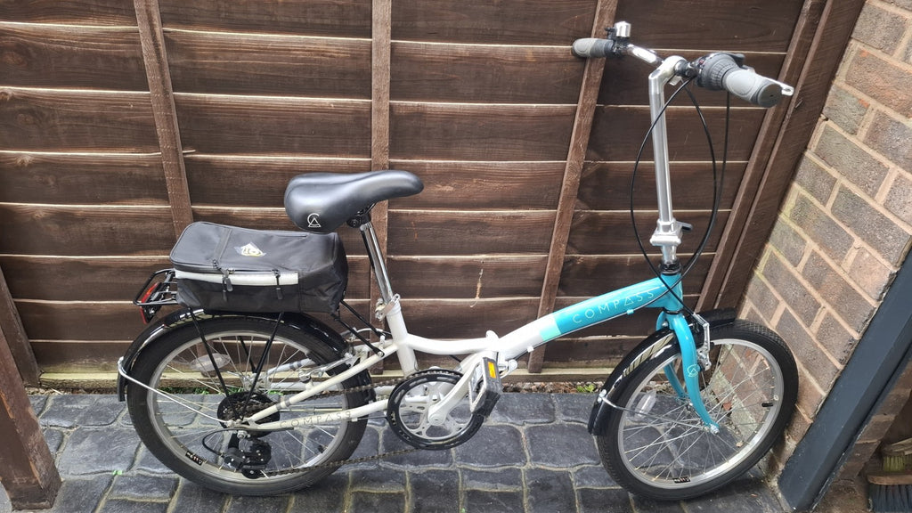 Compass 20in Folding Bike Blue/White/Black Rear Rack & Mudguards