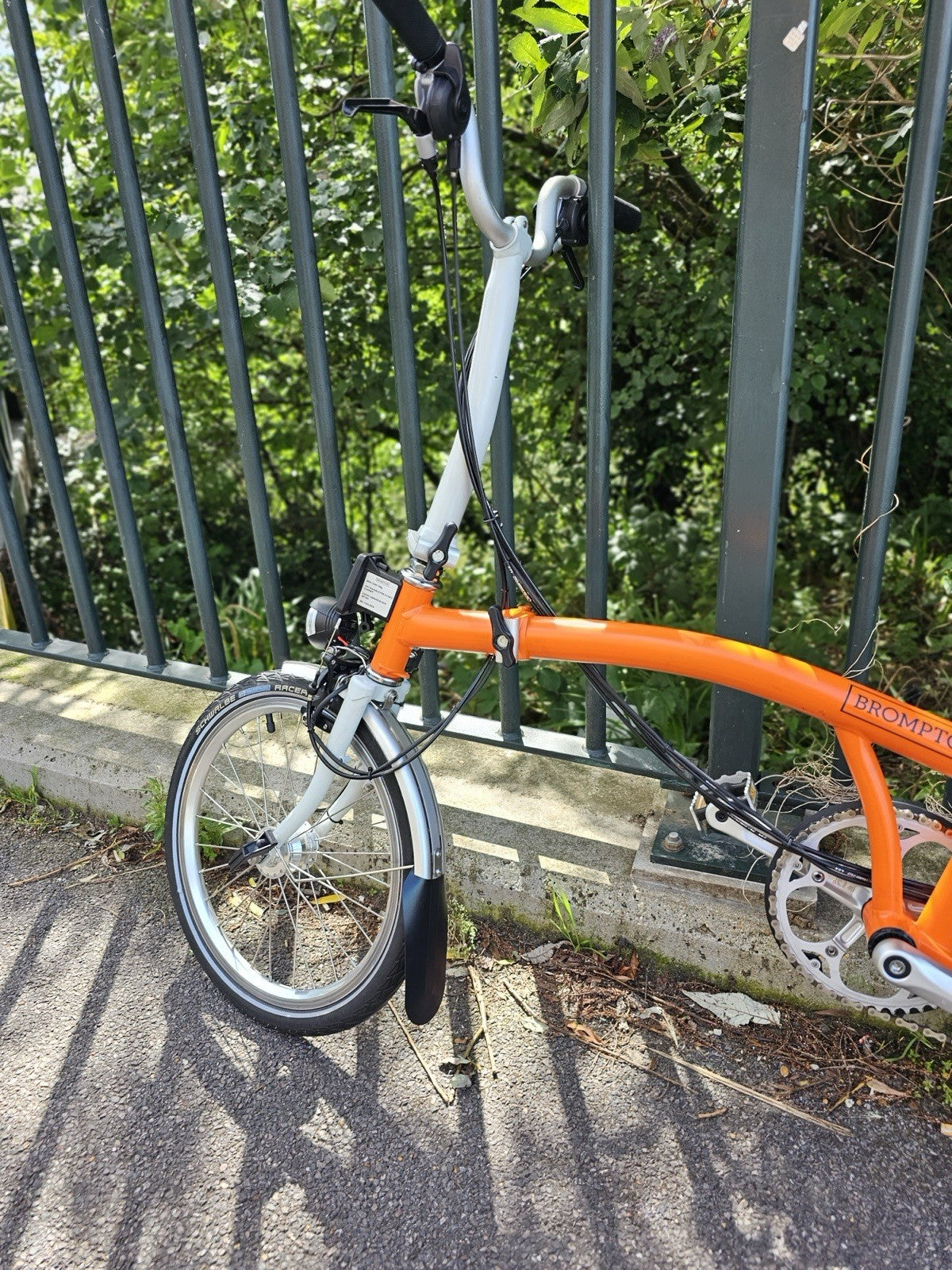 Brompton Folding Bike 16in Wheels Orange/white Silver Mudguards Cruiser Bar