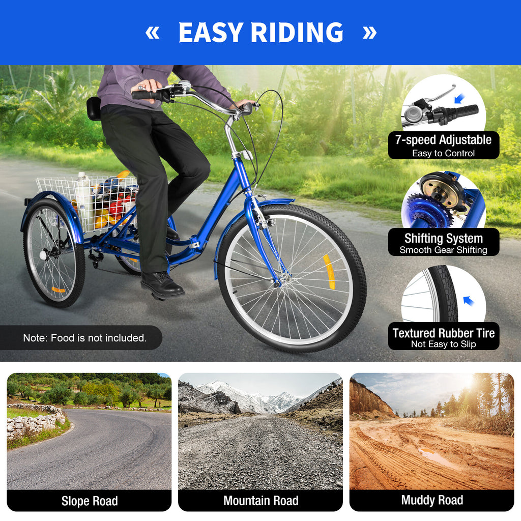 24 Inch Adult Trike Tricycle Foldable 3 Wheel Bike 7-Speed With Storage Basket