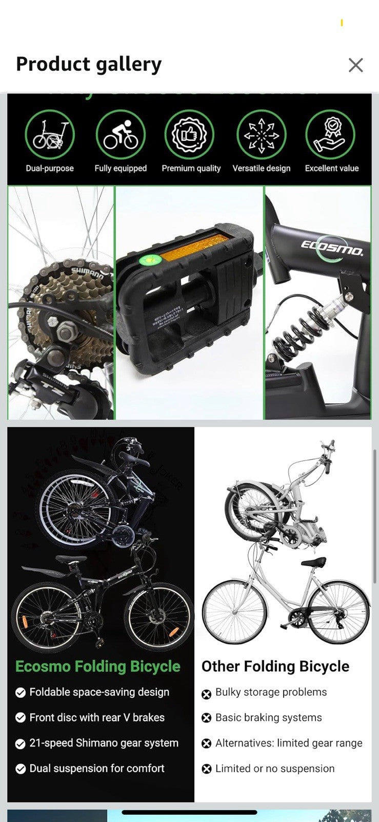 Mountain Bike Ecosmo 26" Wheel Folding MTB Shimano Gear 21SP, 18.5" -26SF02BL