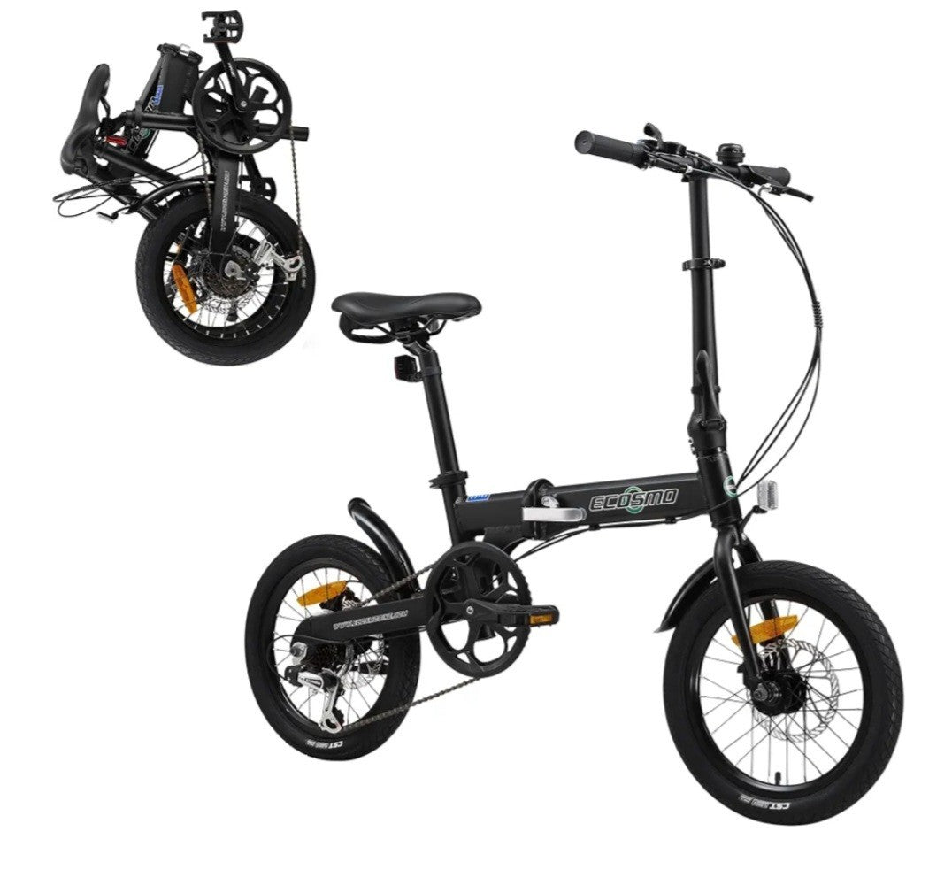 Ecosmo 16in Folding Bike Black 6-Speed Derailleur Mechanical Disc Alloy
