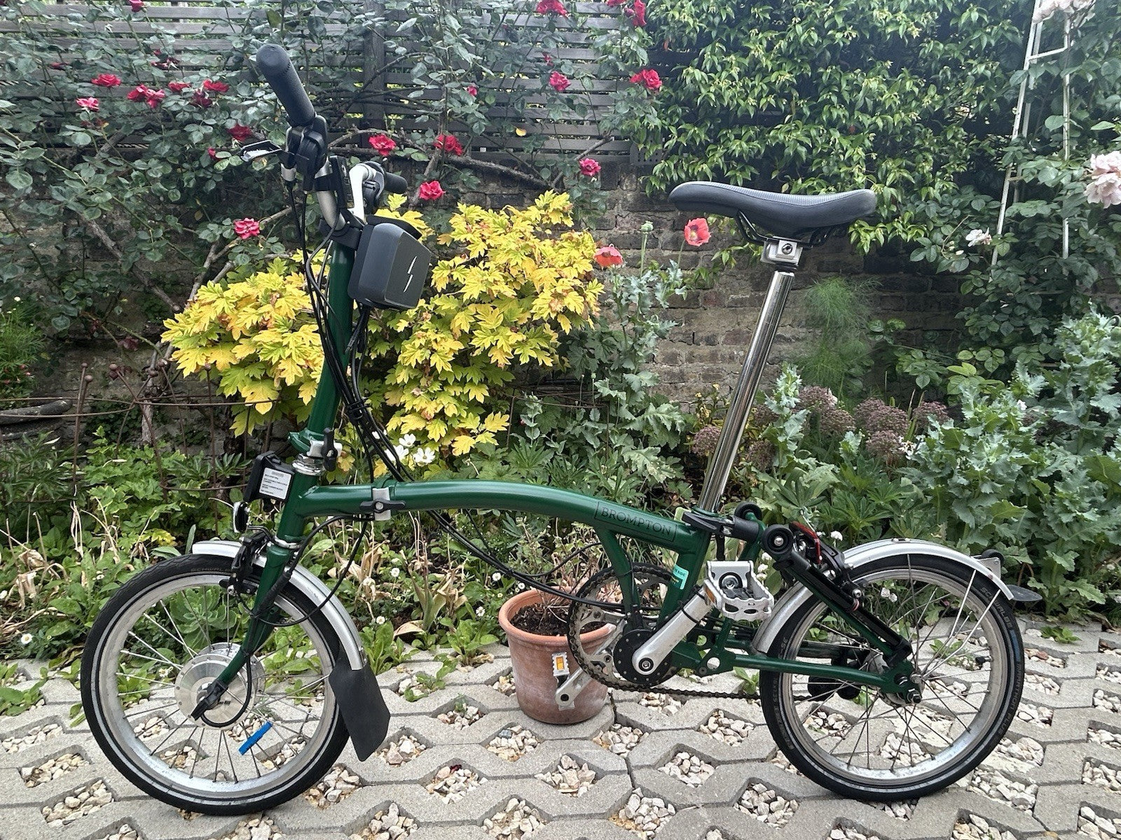 Green Folding Brompton Bike With Swytch Kit In Good Condition