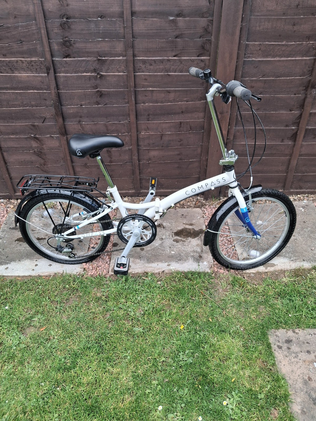 Compass Folding Bikes 20" Blue White 6 Speed Shimano V-Brake Mudguards Rack
