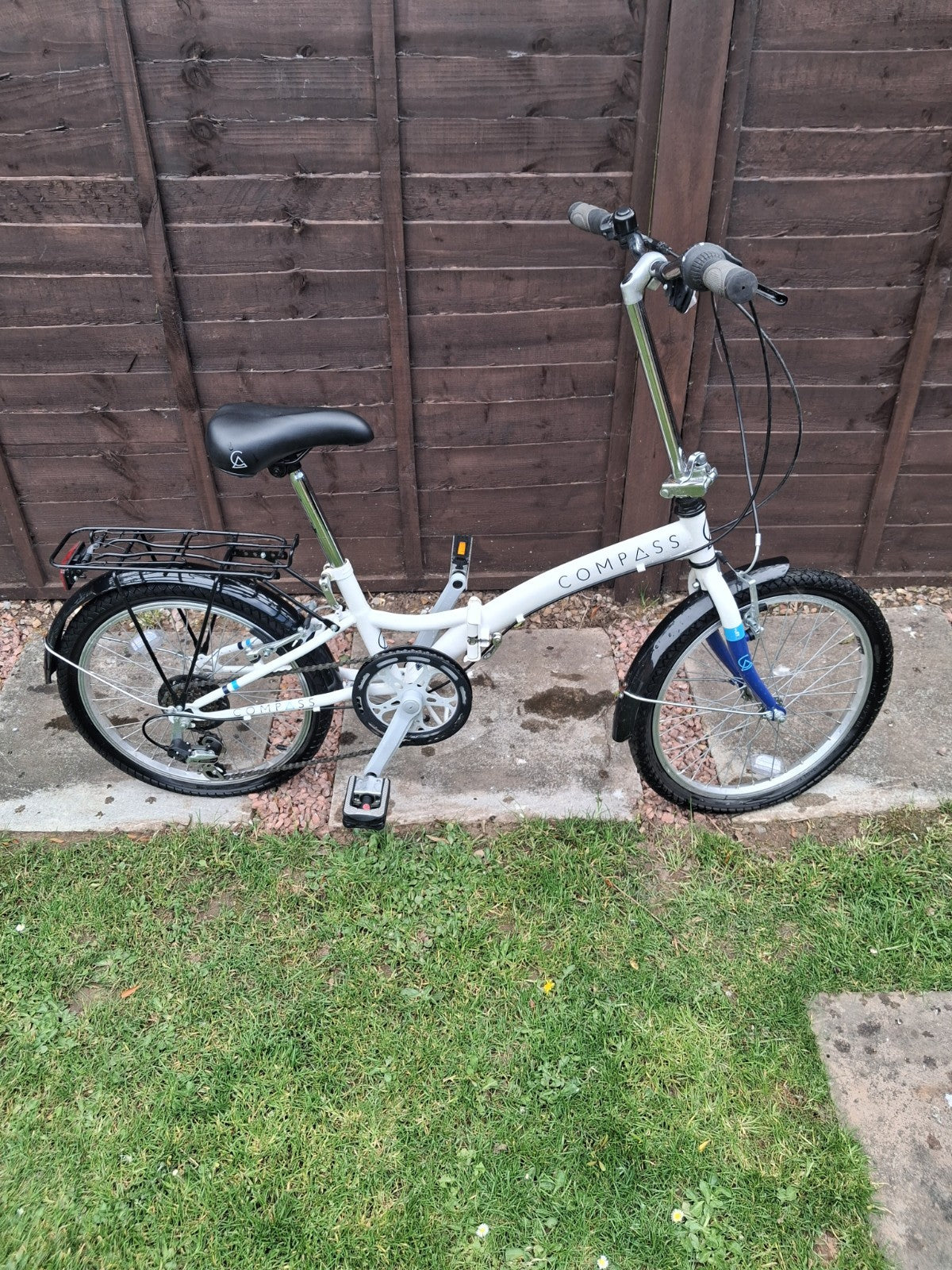 Compass Folding Bikes 20" Blue White 6 Speed Shimano V-Brake Mudguards Rack