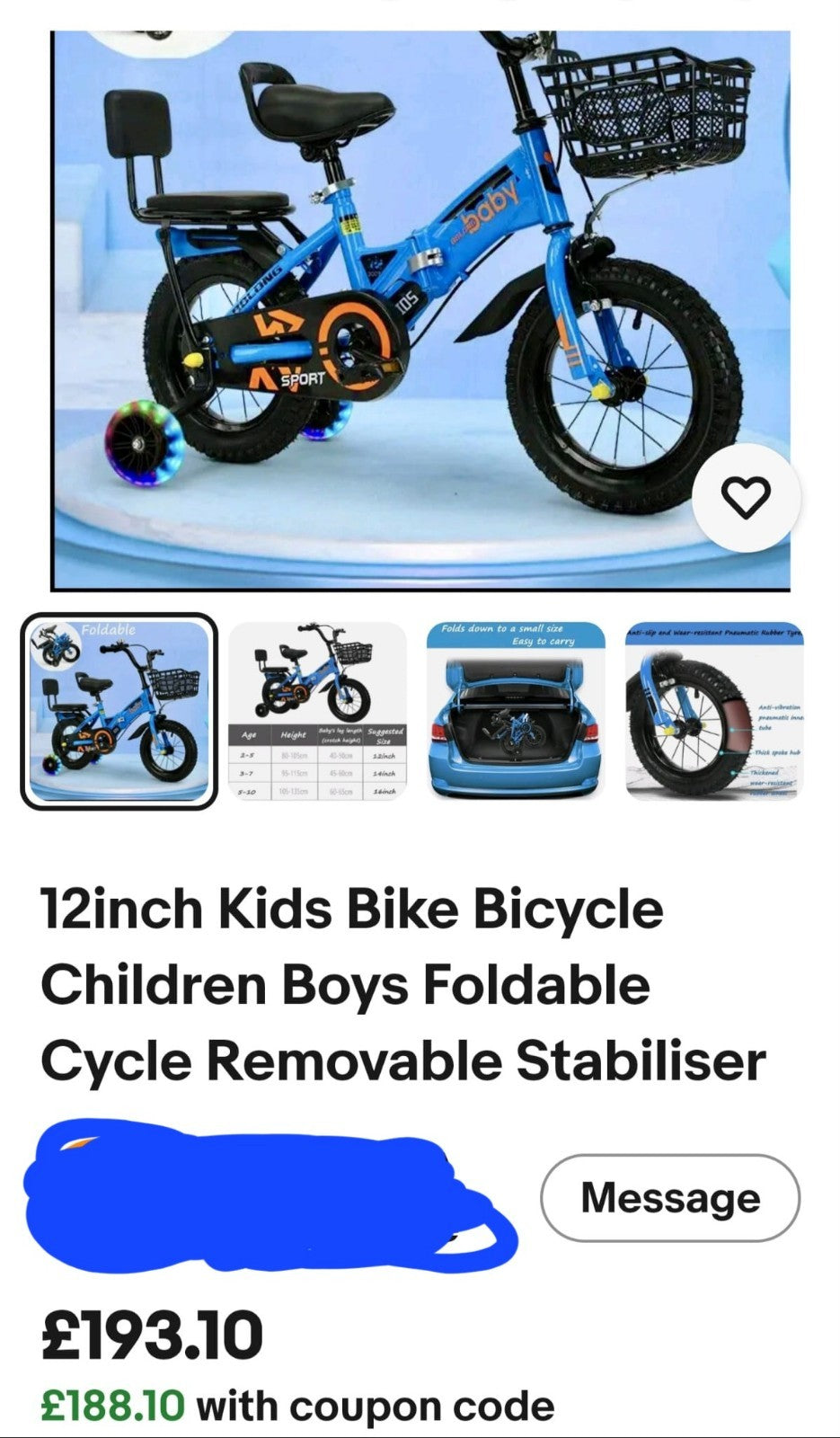 12-inch Toddler Bike Unisex Children's Cycling Bicycle Foldable Training Wheels