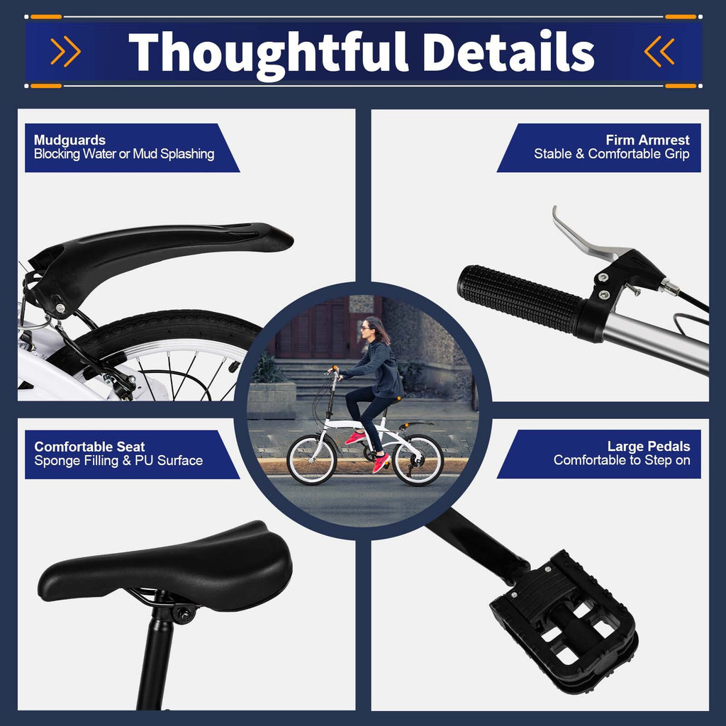 White Folding Bike Foldable City Bike for Adult 20" Commute Bicycle 6Speed Gears