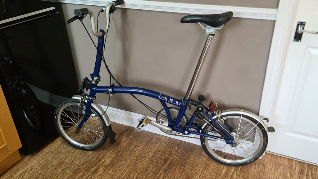 Brompton Folding Bike Blue 16in M Frame Cruiser Bar Caliper Brakes Mudguards
