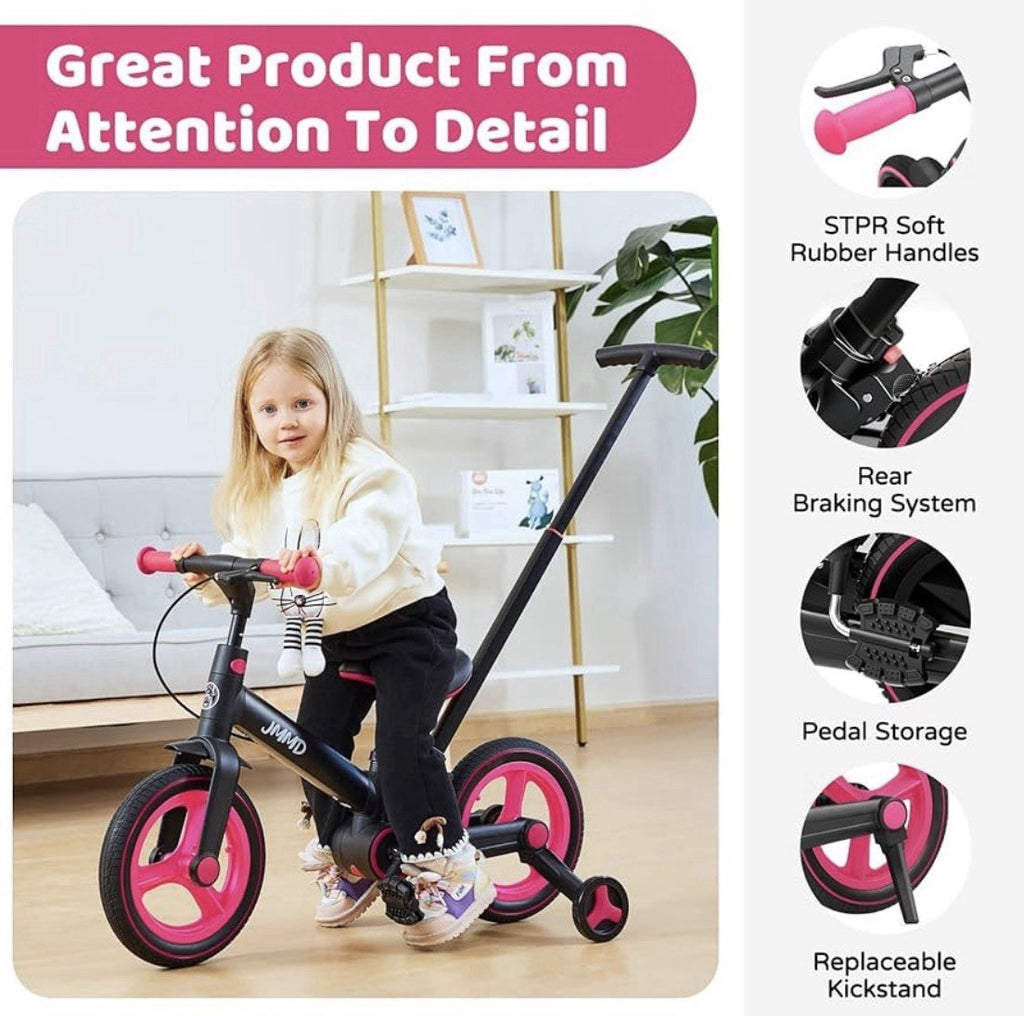 JMMD 6 in 1 Toddler Bike with Push Handle for Kids 18-60 Months, 12" Foldable