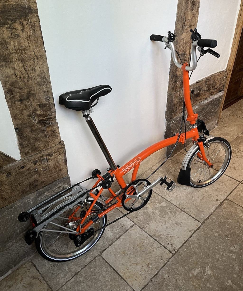 Brompton Orange Folding Bike 16in Wheels Rear Rack Mudguards Bell for collection