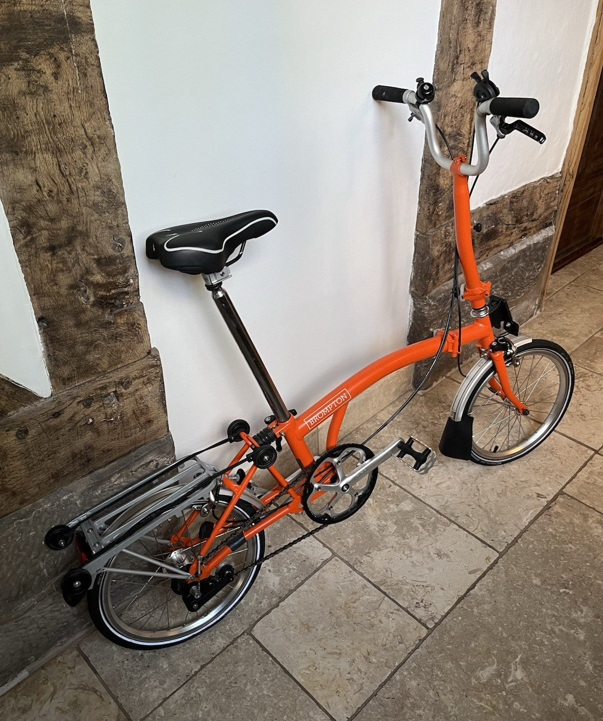 Brompton Orange Folding Bike 16in Wheels Rear Rack Mudguards Bell for collection