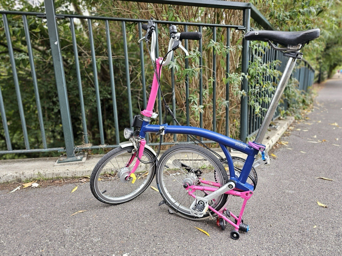 Brompton  c line 2012 Folding Bike 16 in M Frame Blue/Pink Mudguards lights