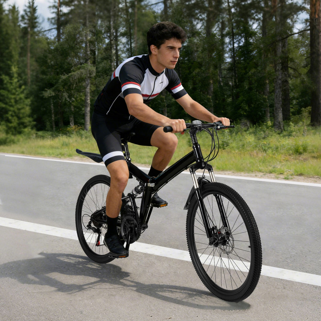 26in Black Portable Folding Dual Disc Brake Mountain Bike for 5.25-5.6ft Height