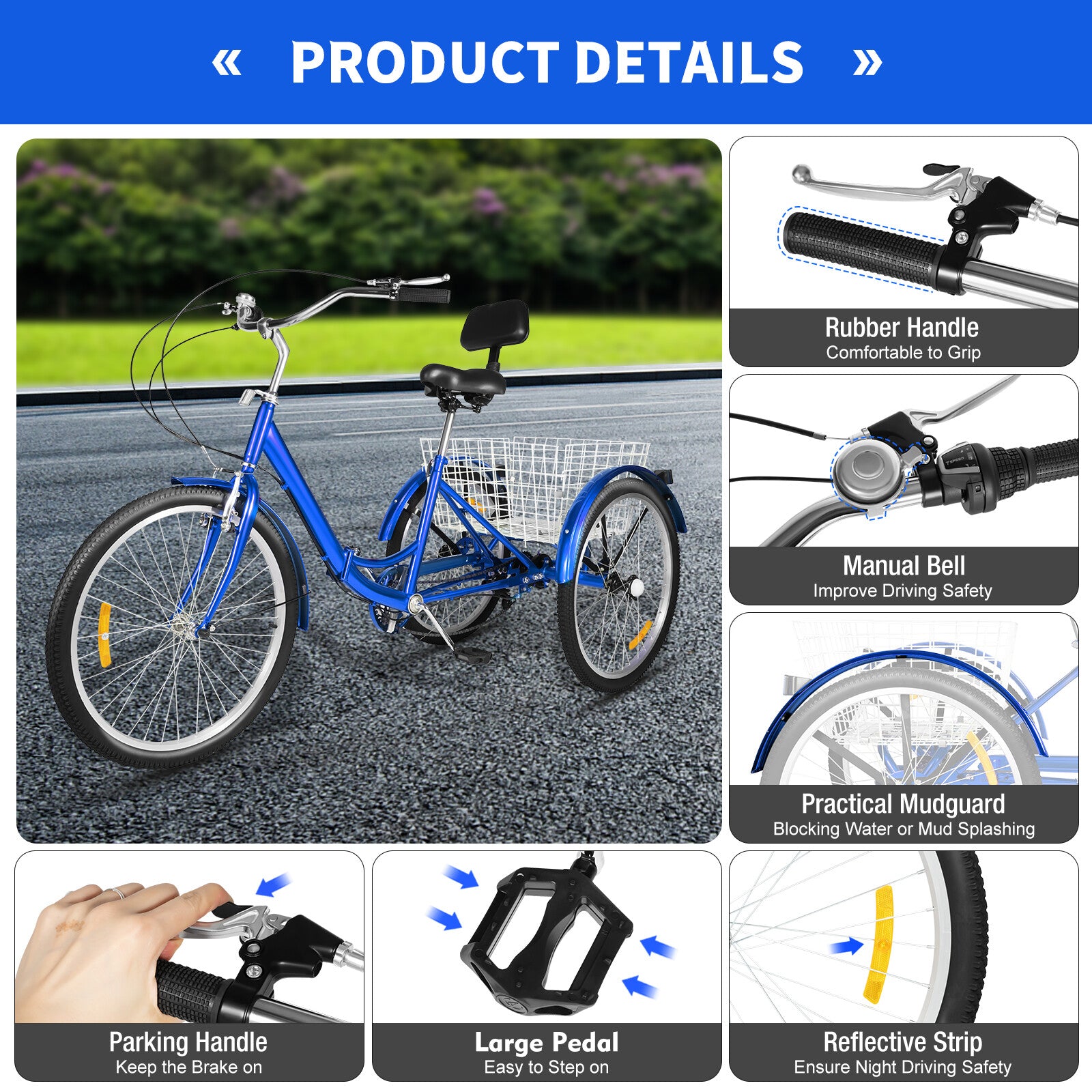 24 Inch Adult Trike Tricycle Foldable 3 Wheel Bike 7-Speed With Storage Basket