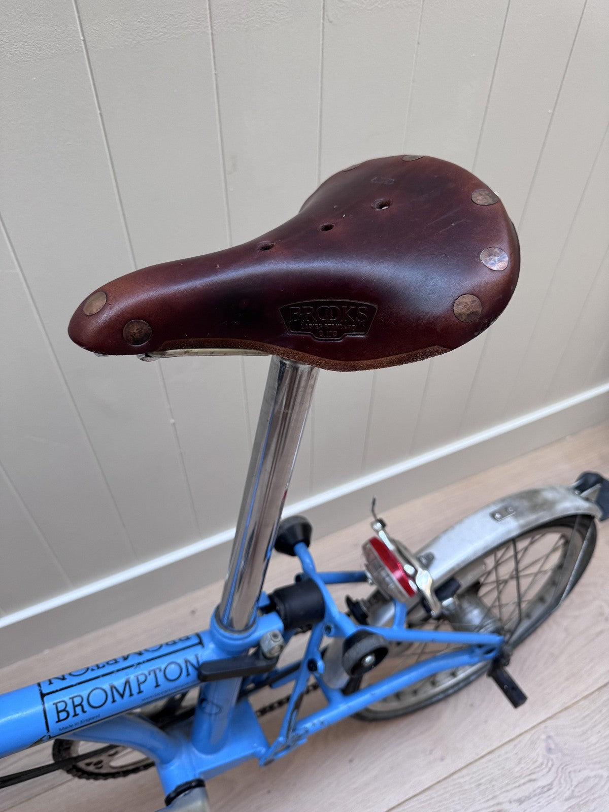 Brompton 3 speed folding bike, Brooks saddle, Ortlieb rack bag