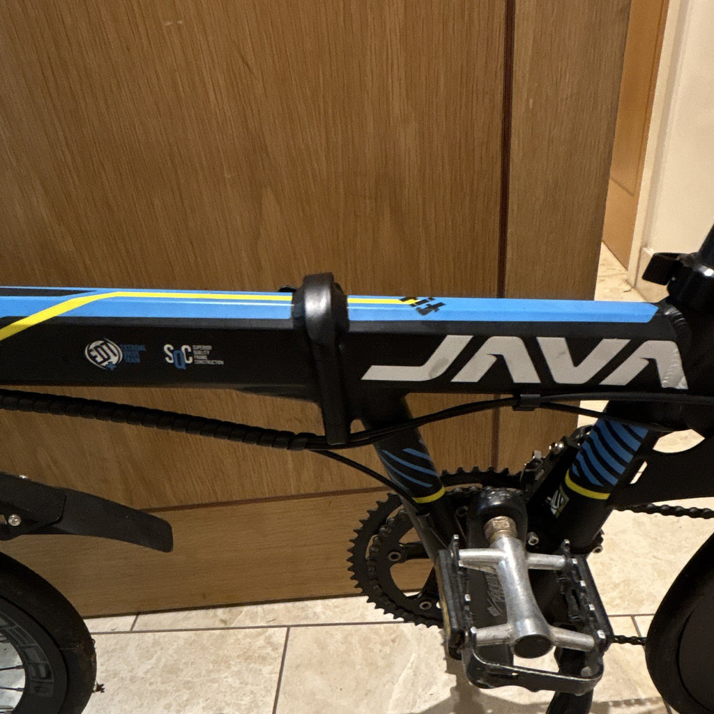 JAVA 20in Folding Bike Mechanical Disc, Derailleur Gears, Mudguards, Black/Blue