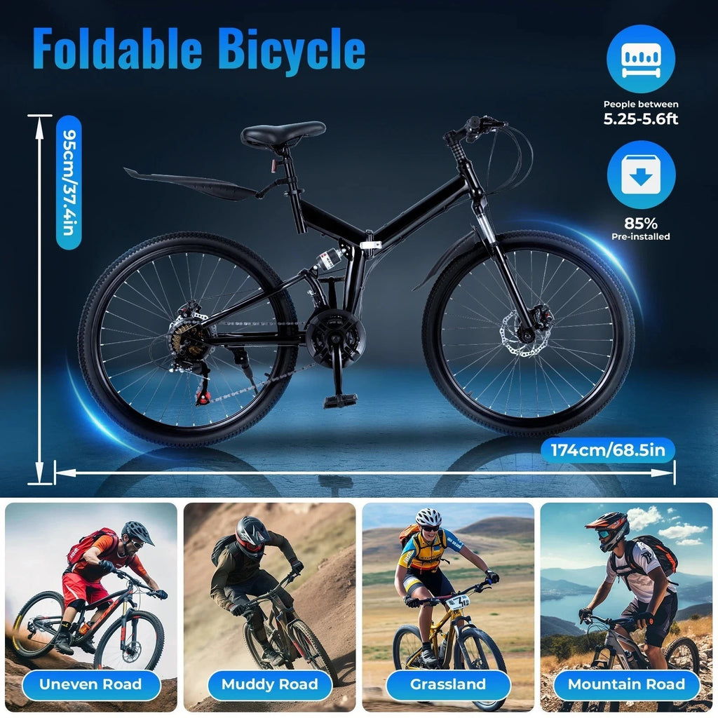 26 in Folding Mountain Bike 21-Speed MTB Bicycle Full Suspension Disc Brake Bike
