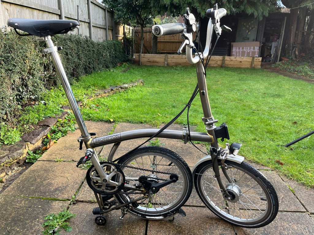 Brompton M6L 6 speed dynamo lights raw lacquer Brooks saddle, bag