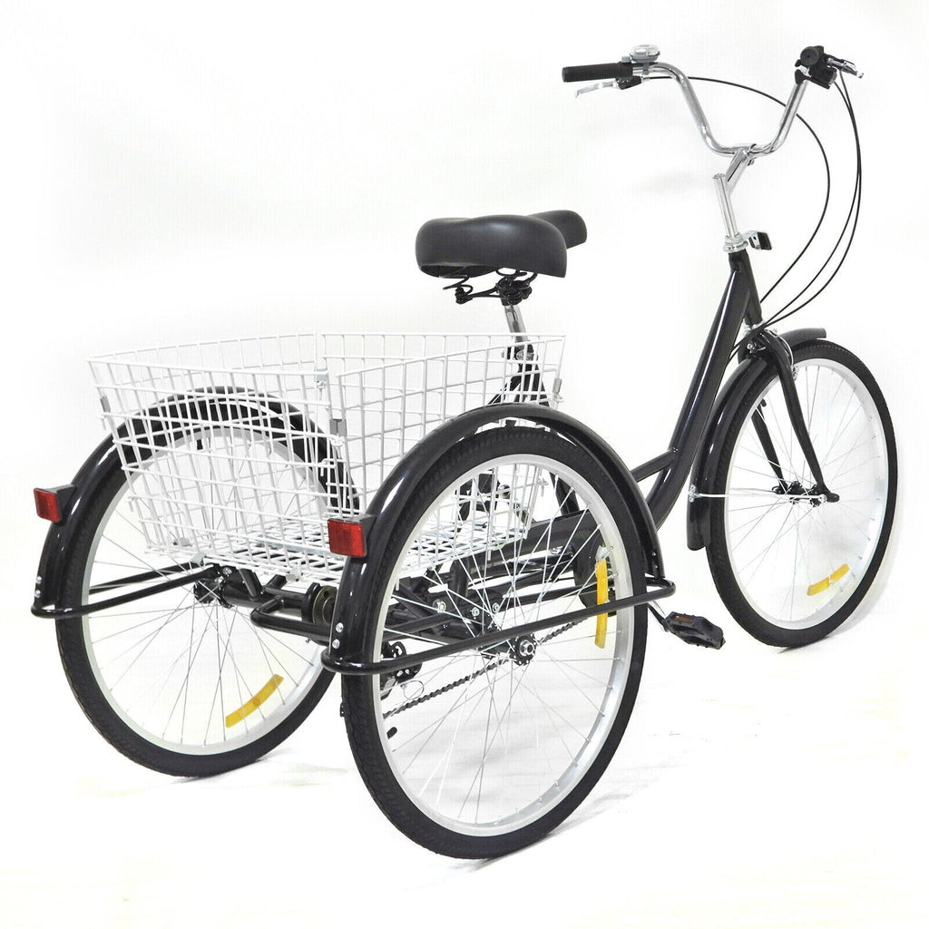 24 Inch Adult Tricycle Trike Bike 8-Speeds 3-Wheel Bicycle W/Folding Back Basket