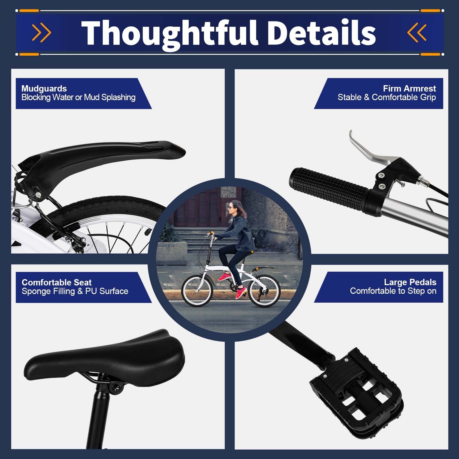 White Folding Bike Foldable City Bike for Adult 20" Commute Bicycle 6 Speed Gear